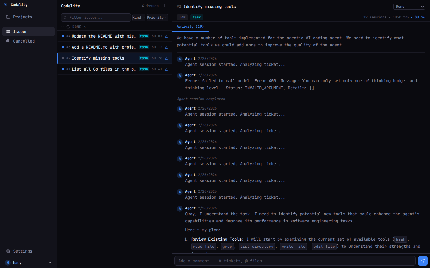 Codality agent working on a real ticket